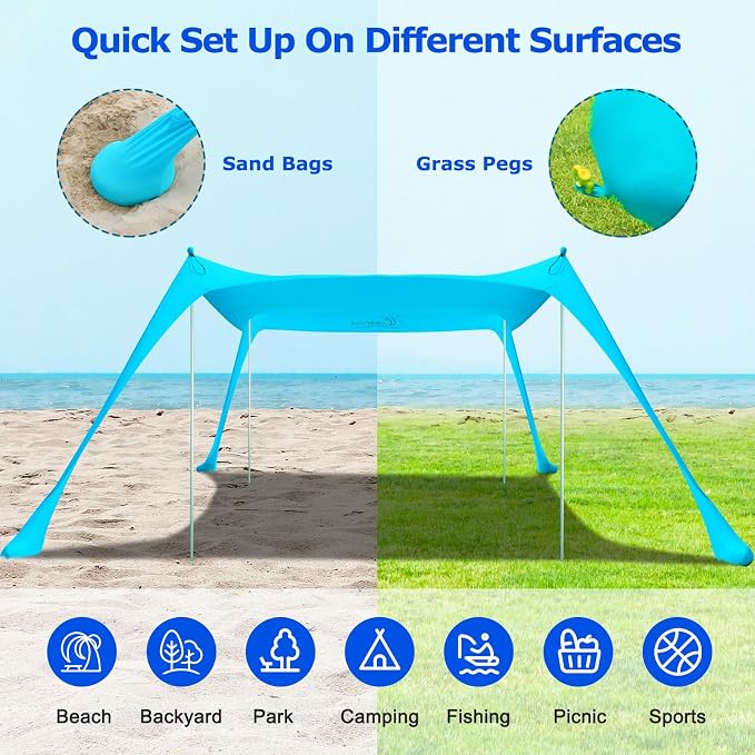 COMMOUDS Beach Tent Sun Shelter - UPF50+ Pop Up Beach Canopy with Sandbags & Sand Shovel & Windproof Poles, Portable Sun Shade for Beach, Camping, Picnics, Backyard - Image 5