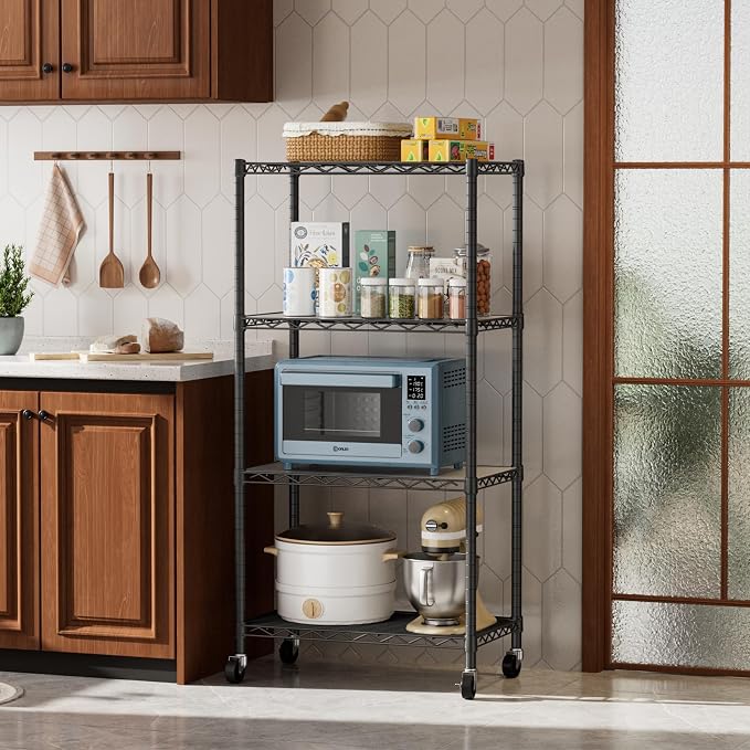 Golpart 4 Tier Shelves Storage Shelf Wire Closet Bathroom Organizers Metal Pantry Kitchen Garage Shelving Unit Laundry Room Organization Home Rack Net Basket Black with Wheels 14”D X 24”W X 48.9”H - Image 7