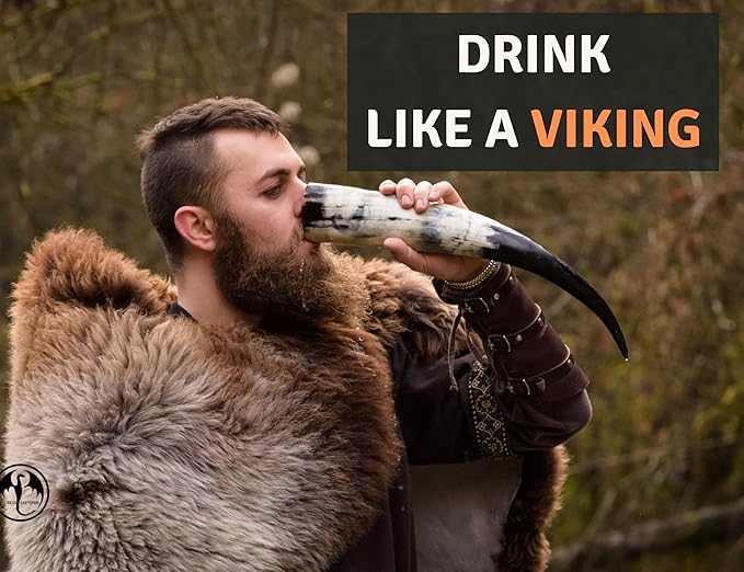 OLDEMPEROR Viking Drinking Horn - 12 Inch with Horn | Handmade Beer Cup | Food Grade | Unique Genuine Ox with Iron Stand | Natural Shine Finish | Chirstmas Viking Gift for Men & Women