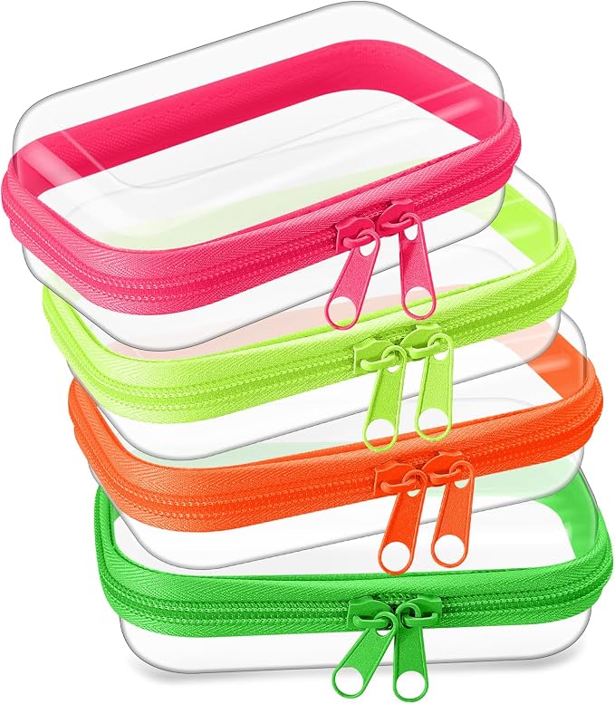 Hoolerry 4 Pcs Hard Clear Zipper Case Makeup Bags Plastic Zipper Pouch Transparent Storage Box Containers for Cosmetics, Snacks, Building Blocks, Puzzles(Clear,5 x 3 x 2 in,Fluorescent) by Hoolerry