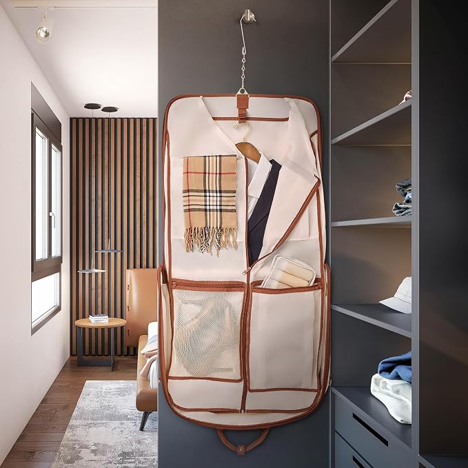 ZEGUR Premium Garment Bag Carry On for Women - Hangs Blazers, Pantsuits & More - Travel Bag with Shoulder Strap and Laptop Compartment (Beige with Saddle Brown Leather) - Image 2