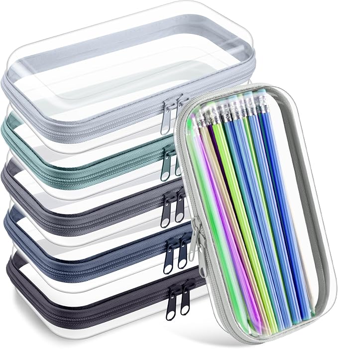 Sanwuta 6 Pcs Clear Hard Zipper Case Plastic Zipper Pouches Transparent Makeup Bag Pencil Case Pouches Toiletry Diaper Bag for Travel Toy Storage Organizer Bins(Blue-green,7.48 x 3.94 x 2 Inch) by Sanwuta