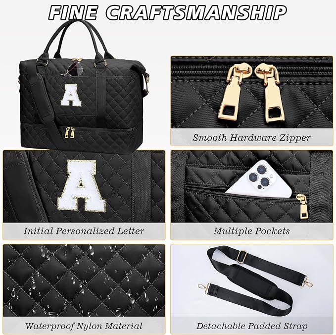 Gifts for Women Girls Initial Travel Duffle Bag Quilted Weekender Carry-On Overnight with Cosmetic Bag, Gym Bag with Shoe Compartment, Black A - Image 7