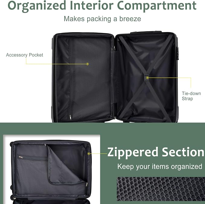 6 Piece Luggage Set Hard Shell - Green Expandable Suitcases with Spinner Wheels and Duffel Bags for Family Travel, Durable Carry On Luggage Sets with Lock for Women and Men - Image 7