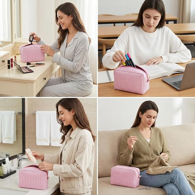 12 PACK Makeup Bags-Bulk Graduatin Gifts Seersucker Cosmetic Bag for Women Bridesmaid Gifts Makeup Pouch for Wedding Party Favors Bachelorette Party Decorations Travel Toiletry Organizer(12, Pink) - Image 5