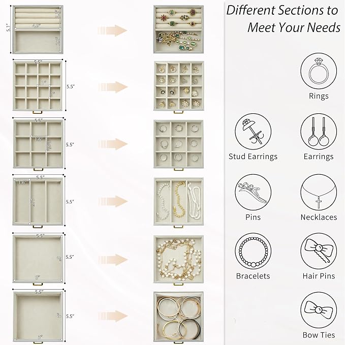 AKOZLIN 6-Tier Jewelry Box Organizer Functional 5 Drawers Leather Jewelry Storage Case for Women Girls Ring Necklace Earring Bracelet Holder Organizer with Mirror Grey Regular - Image 4