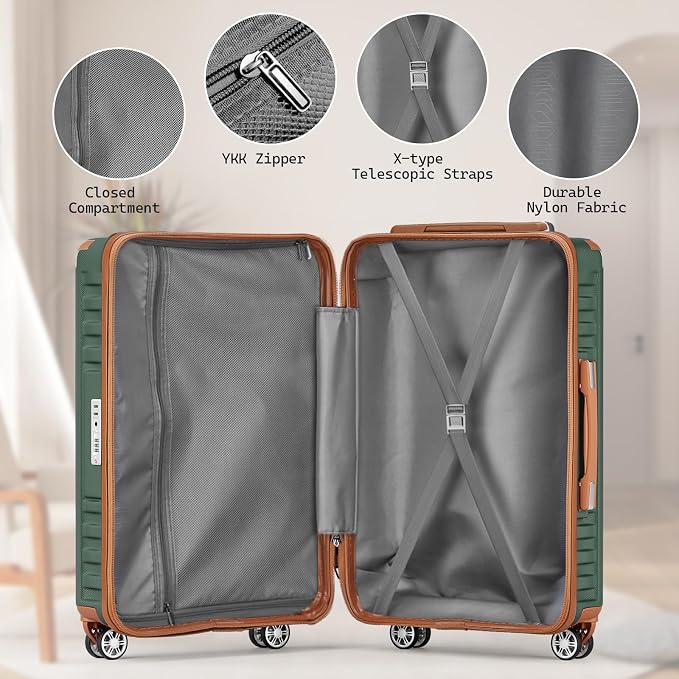 Melalenia Suitcase Sets 6 Piece Hard Shell Carry on Luggage with Spinner Wheels and TSA Lock, Lightweight Travel Backpack for Women, Green Brown - Image 8