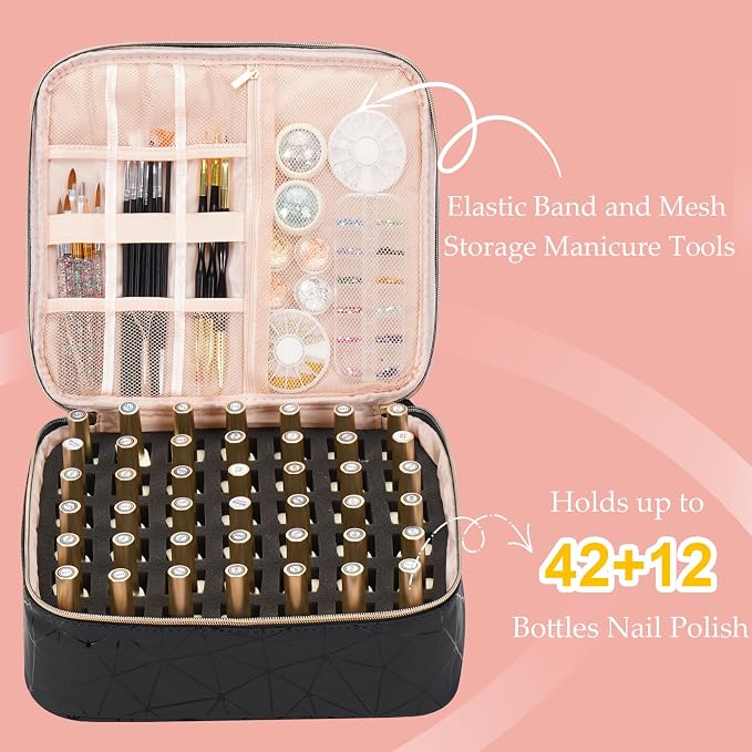 Uross Nail Polish Organizer Bag Holds 54 Bottles Nail Polish & Nail Lamp, Gel Nail Polish Organizers and Storage box for Nail Tech, Nail Kit Supplies Organizer Case-Black - Image 2