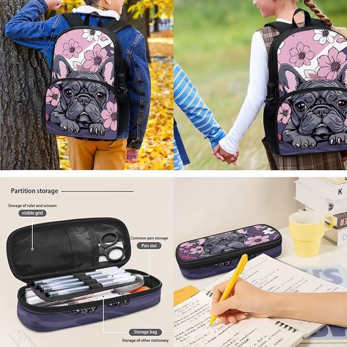 Cartoon Pug Dog Schoolbag Set 4In 1,Pug Dog Purple Floral School Backpack Set with Lunch Box Pencil Bag Bottle Carrier Bag Sling Bags for Boy Girl Middle School Primary Student Bookbag - Image 4