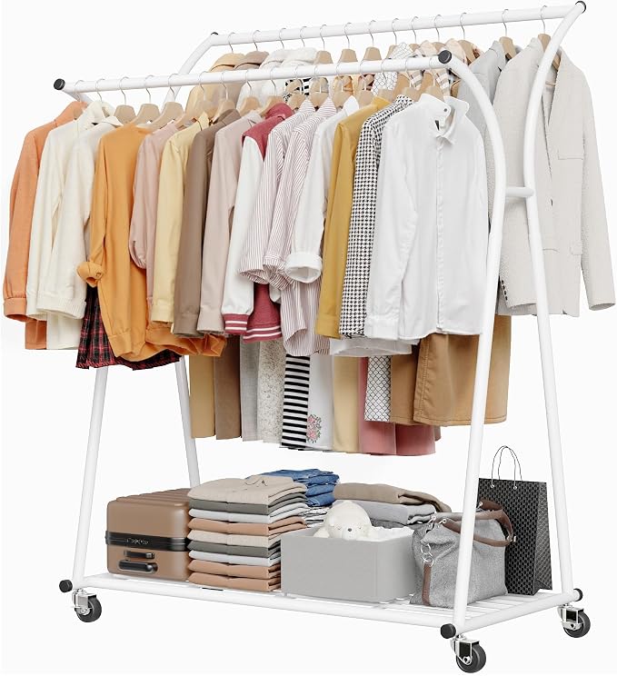 Raybee Heavy Duty Clothes Racks for Hanging Clothes, Clothing Rack with Wheels Load 360LBS, Portable Double Rod Garment Racks for Closet, Bedroom, Commercial Use, 69''H*52''W*20''D, White by Raybee