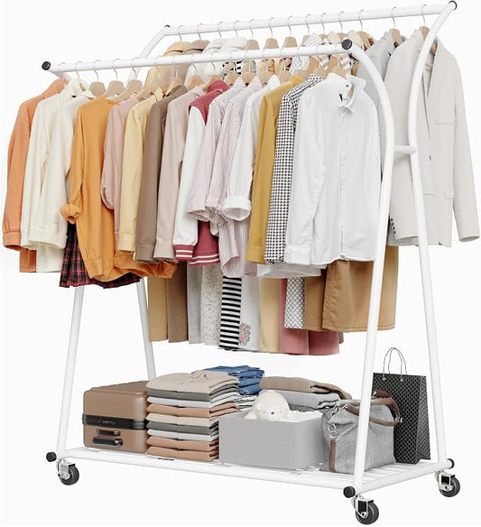 Raybee Heavy Duty Clothes Racks for Hanging Clothes, Clothing Rack with Wheels Load 360LBS, Portable Double Rod Garment Racks for Closet, Bedroom, Commercial Use, 69''H*52''W*20''D, White by Raybee