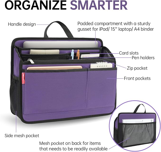 Large Rugged Organizer Insert for Briefcase Tote Shoulder Messenger Bag-20 Pockets,Padded Water-repellent Nylon-Purple - Image 2
