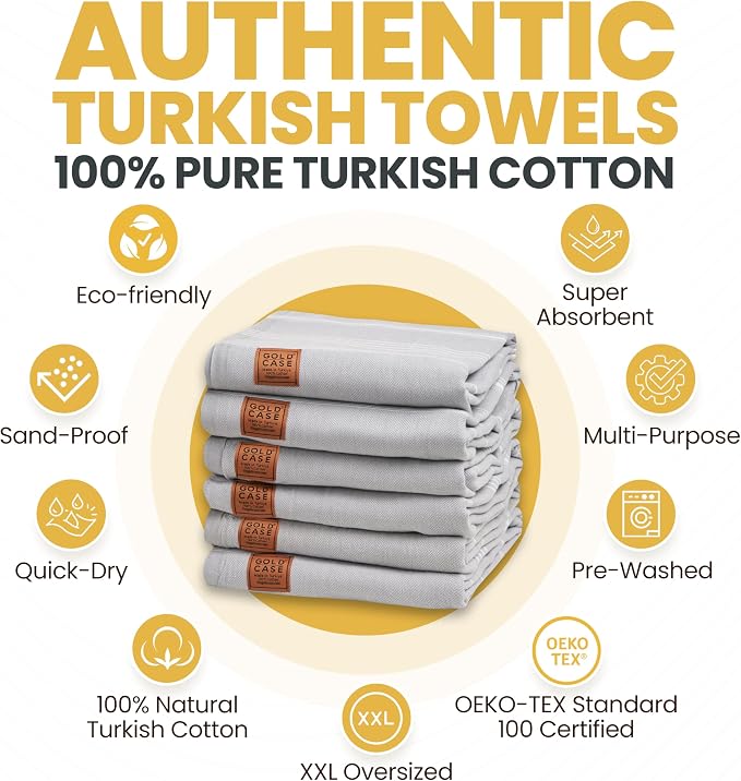 Gold CASE LYCIA Turkish Beach Towel Set of 6 – 100% Cotton Turkish Beach Towels Bulk 70 x 38'' – LYCIA Oversized, Quick Dry & Sand Free Beach Towel – Lightweight Towels Set in Grey - Image 4