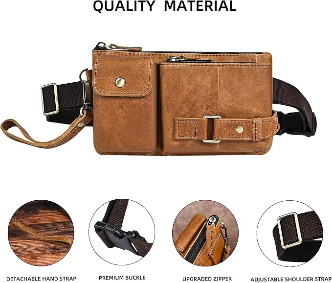 Water Resistant Canvas + Leather Hiking Riding Travel Fanny Waist Pack Small Phone Pouch For Men Women FB811-29 (100% Leather-The 8135 Light Brown) - Image 5