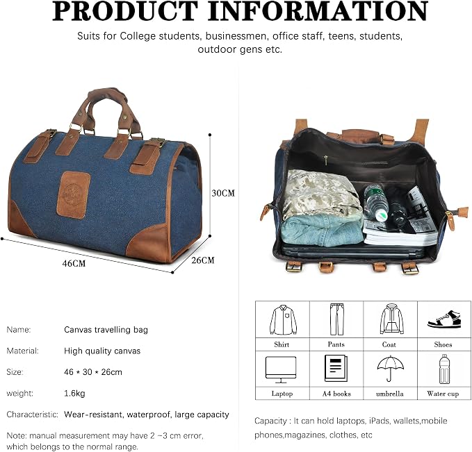 Canvas + Leather Travel Luggage Tote Duffle Gym Suitcase Weekender Overnight Bag For Men Male FB8151 (8151-The Blue) - Image 4