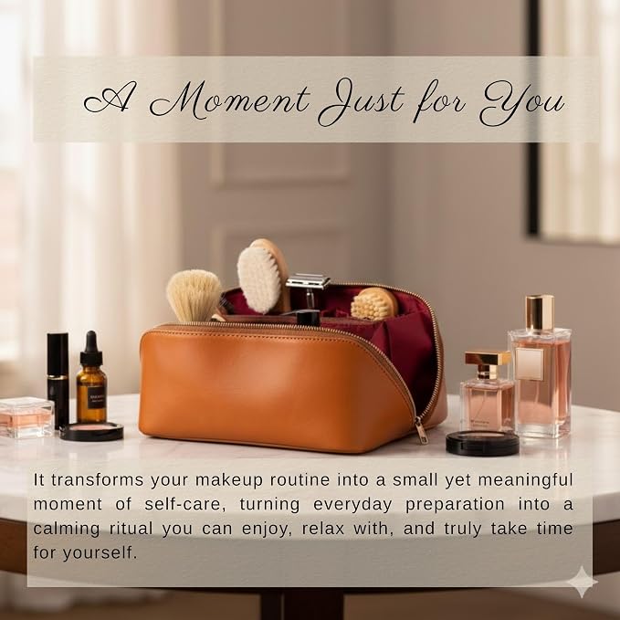 VENOULT Makeup Bag, Spacious Cosmetic Case for Women, Portable 180° Wide-Open Flat Cosmetic Bag, Travel Toiletry Organizer with Handle, Hanmdade, Full Grain Genuine Turkish Leather (Chestnut) - Image 5