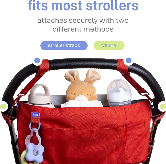 Ubbi Fleuri Anywhere Stroller Organizer, Features Front Zippered Pocket, 2 Cup Holders, Mesh Bag, Fits Most Strollers, Wild Poppy - Image 7