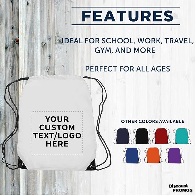 DISCOUNT PROMOS Custom Black Trim Drawstring Backpacks Set of 10/50/100, Personalized Bulk Pack - Gym Bag, Soccer Shoes, Water Resistant - White - Image 2