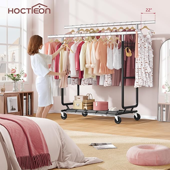 Hoctieon 2-Minute Assembly Double Rod Clothes Rack, Heavy Duty Rolling Clothing Racks with Wheels, Foldable Commercial Garment Rack, Extendable Hanging Bar, Adjustable Metal Pole with Hooks, Black - Image 8