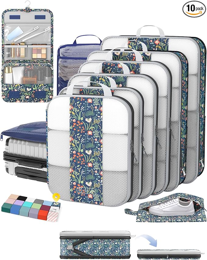 OlarHike 10 Set Compression Packing Cubes for Travel Essentials,Compressible Expandable Space Saver Bags for Organizing Clothes,Luggage Garment Bags with Over 1000 pcs Mesh Holes(Dark Blue Floral) by OlarHike