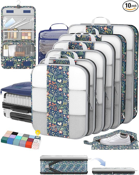 OlarHike 10 Set Compression Packing Cubes for Travel Essentials,Compressible Expandable Space Saver Bags for Organizing Clothes,Luggage Garment Bags with Over 1000 pcs Mesh Holes(Dark Blue Floral) by OlarHike