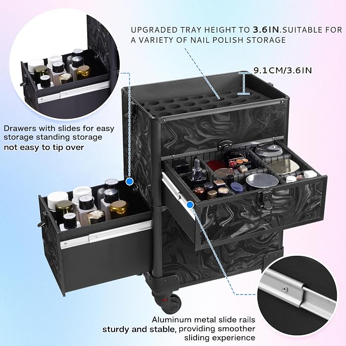Somduy Rolling Makeup Case with Drawer, Makeup Train Case, 4 in 1Cosmetology Case on Wheels, Christmas Gift, Large Makeup Organizers, Profesional Cosmetic Case for Salon Barber, Pattern Black - Image 6