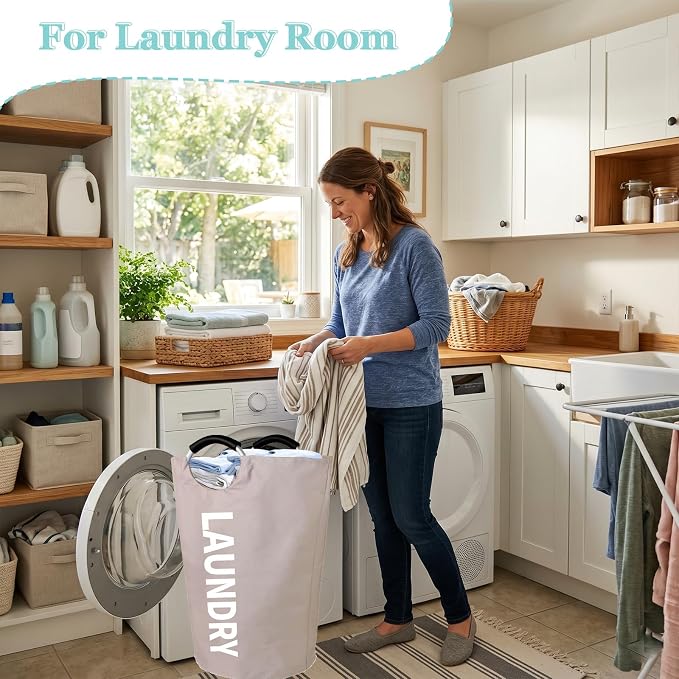 WOOHA 125L Large laundry basket,Collapsible laundry hamper, Tall Clothes Baskets Folding Washing Bin Foldable Fabric Hamper Bags for Bedroom, Closet,Bathroom,College,laundry bag,khaki - Image 6