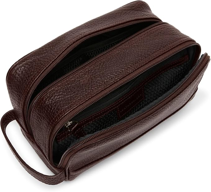 Leatherology Premium Espresso Leather Toiletry Bag – Small Double Zip Dopp Kit – Full Grain Leather Travel Organizer with Water-Resistant Lining – Compact Grooming Bag for Men or Women - Image 4