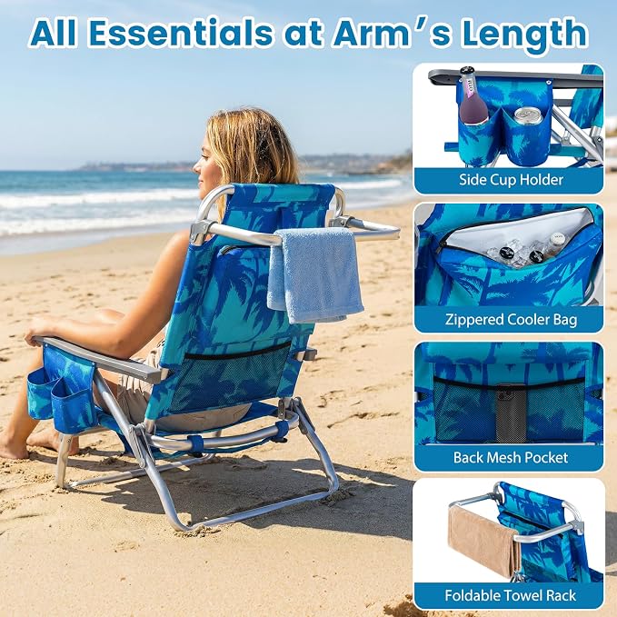 Giantex Folding Beach Chair, Patio Sling Chairs with 5 Adjustable Position, Head Pillow, Storage Bag, Towel Bar, Cup Holders, Backpack Chairs for Sunbathing, Camping Chair - Image 4