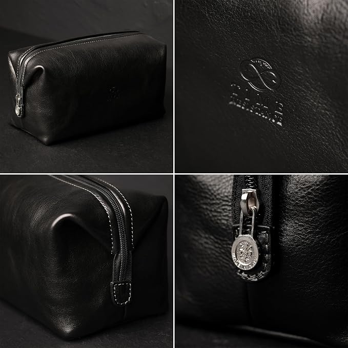Time Resistance Leather Toiletry Bag - Italian Cosmetic Case Dopp Kit (Black) - Image 5