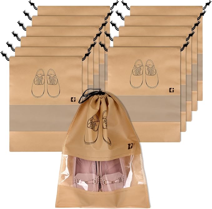 Kuber Industries Pack of 12 Shoe Bags | Shoe Bags for Travel | Non-Woven Shoe Storage Bags | Storage Organizers Set | Shoe Cover with Transparent Window | Shoe Dori Cover | Beige by Kuber+Industries