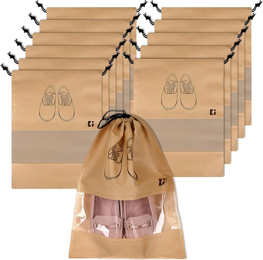 Kuber Industries Pack of 12 Shoe Bags | Shoe Bags for Travel | Non-Woven Shoe Storage Bags | Storage Organizers Set | Shoe Cover with Transparent Window | Shoe Dori Cover | Beige by Kuber+Industries