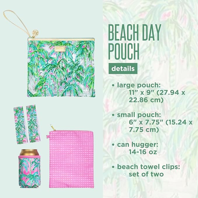 Lilly Pulitzer Water Resistant Vinyl Beach Day Pouch, Zipper Bag Includes Drink Hugger, Small Pouch, and Towel Clips - Image 2