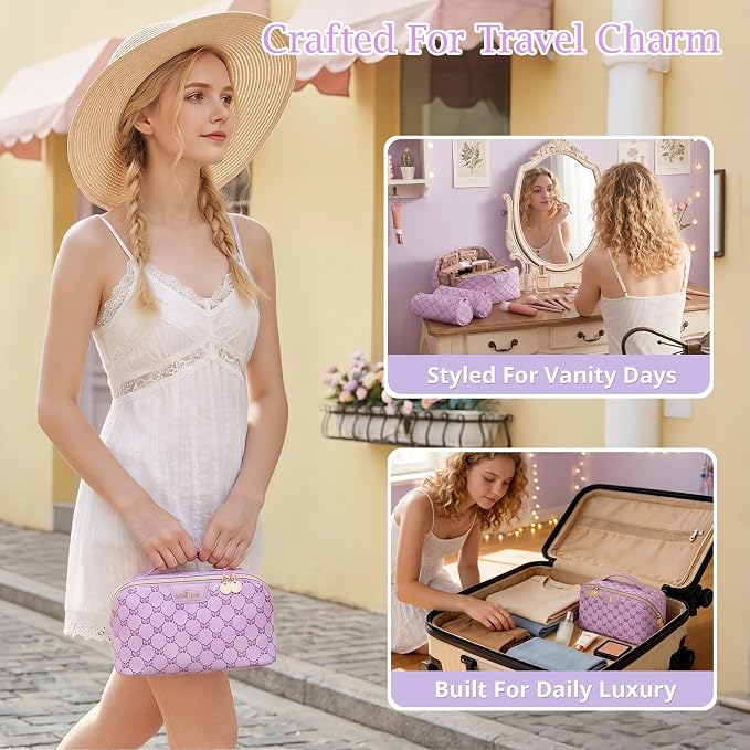 Travel Makeup Bags for Women: Luxury Bow Print Make up Bag | Bow Print That Stays as Sweet as You,3 Set Large Capacity Cute Cosmetic Case - Waterproof Leather Toiletry Organizer Bag - Image 2
