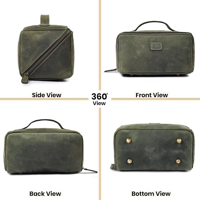 LEATHER VILLAGE Genuine Leather Travel Dopp Kit for Men & Women – Open Flat Large Capacity Cosmetic Bag with Water-Resistant Lining – Skin Care, Brushes, Shaving & Bathroom Essentials Organizer- Olive - Image 5