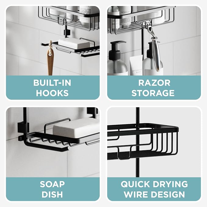 Zenna Home Rustproof Hanging Shower Caddy, Over the Shower Head Caddy with 2 Shelves and Built In Hooks, Aluminum Bathroom Hanging Organizer, Black - Image 6