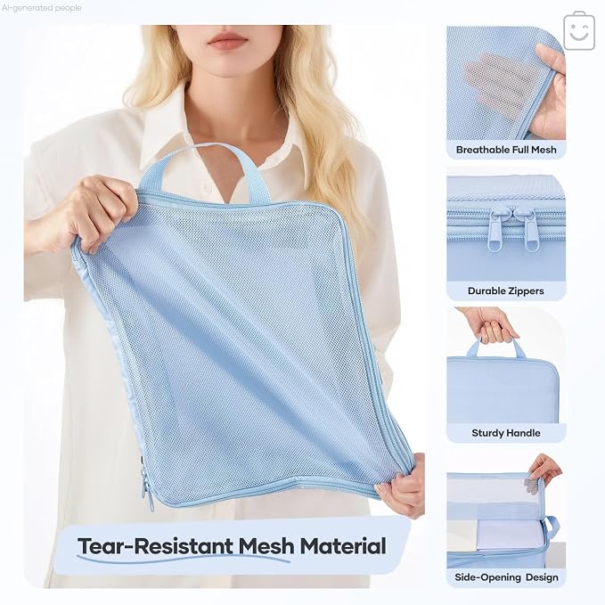 Veken 11 Set Compression Packing Cubes Garment Bags for Travel Essentials,Compressible Expandable Luggage Organizer Bags for Clothing,Space Saver Bags with Over 1000 pcs of Mesh Holes(Light Blue) - Image 5