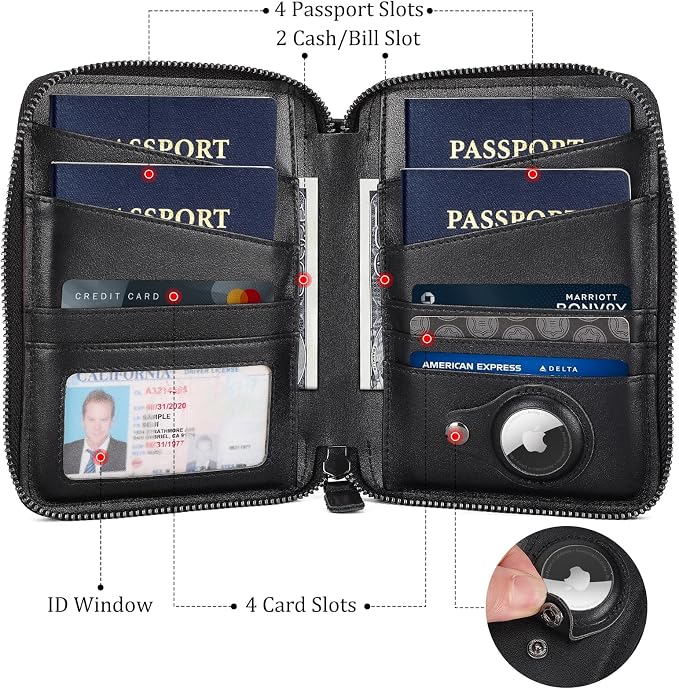 Polare Napa Leather Family Passport Wallet for 4 Passports, RFID Blocking Bifold Passport Cover Travel Document Organizer Holder (Black with AirTag Slot) - Image 4