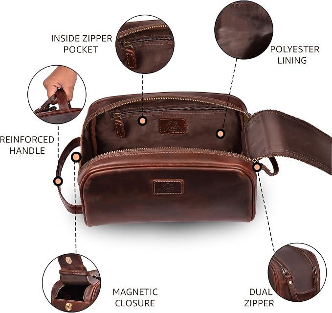 Premium Leather King Size Toiletry Travel Pouch – Handcrafted Dopp Kit with Waterproof Lining, Spacious Design for Travel Essentials, Elegant Cherry Finish - Image 5