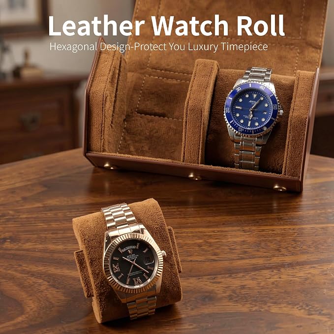 2-Slot Hexagon Leather Watch Roll Travel Case for Men, Brown | Multiple Watch Capacity,Premium Hexagon Leather,Velvet M-Shaped Cushions,Secure Snap Closure,Storage Organizer - Image 3