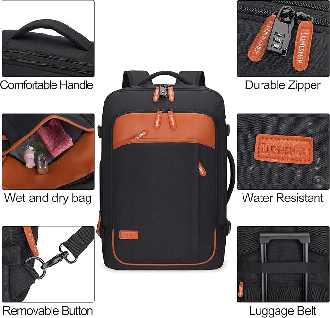 Lumesner 18" Expandable Carry On Travel Backpack With 4 Packing Cubes | Flight Approved, Fits 15.6 Inch Laptop, Water-Resistant, Suitcase Backpack, Business Weekender Luggage, Gift For Men & Women - Image 6