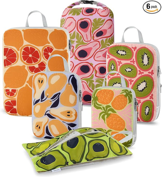 Gonex Compression Packing Cubes, 6pcs Expandable Storage Travel Luggage Bags Organizers with Shoe Bag Laundry Bag, Travel Cubes for Suitcase Carry On (Fruit) by Gonex