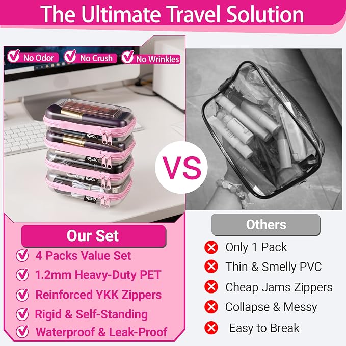 YQBRAO 4-Pack Clear Hard Shell Zipper Case, 1.2mm Ultra-Thick Diaper Bag Organizer Pouches, Rigid Self-Standing Travel Makeup Bags with YKK Zippers, TSA Approved, Pink - Image 2