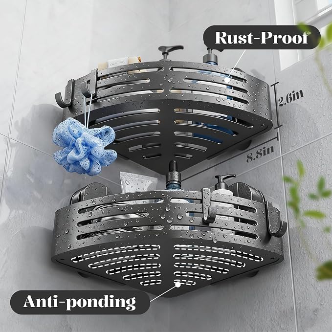 Suction Cup Shower Caddy,No Drilling Corner Shower Shelves Heavy Duty,Shower Organizer with Hooks,Rustproof Waterproof Space Aluminum Bathroom Storage,Home Accessories Decor - Image 2
