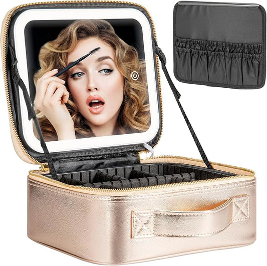 Extrei Gent Makeup Travel Train Case with Mirror LED Light 3 Adjustable Brightness Large Cosmetic Bag Portable Storage Adjustable Partition Waterproof Make up Brushes Makeup Jewelry Gift for Women by Extrei+Gent