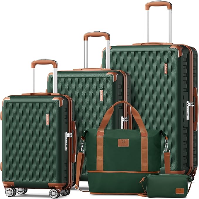 Melalenia Luggage Sets 5 Piece with Duffel Bag, Hard Shell Carry on Suitcase with Spinner Wheels and TSA Lock, Travel Lightweight Luggage Set for Women, Green Brown by Melalenia