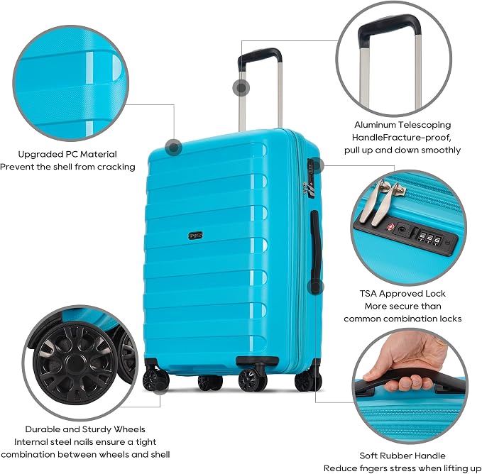 GinzaTravel PP material 3-piece expandable luggage sets with Spinner Wheels， Suitcase with TSA Lock，Large Luggage for Family Travel carry on 20/24/28，Lake Blue color - Image 7