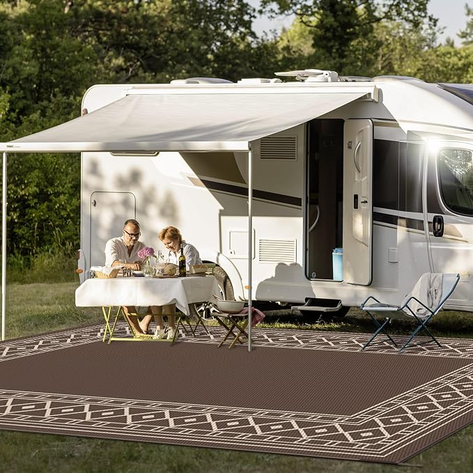GENIMO Outdoor Rug, Waterproof Plastic Rugs 10'x14' for Camping Coffee Beige - Image 3
