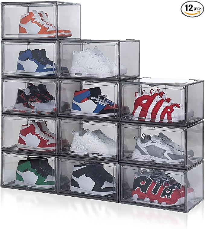 MMBABY 12 Pack Acrylic Shoe Boxes– Ultra Clear Plastic Stackable Sneaker Storage For Sneakerhead. Professional Grade Shoe Display Case with Magnetic Door.Fits US Size 15 (Grey-Side Open) by MMBABY