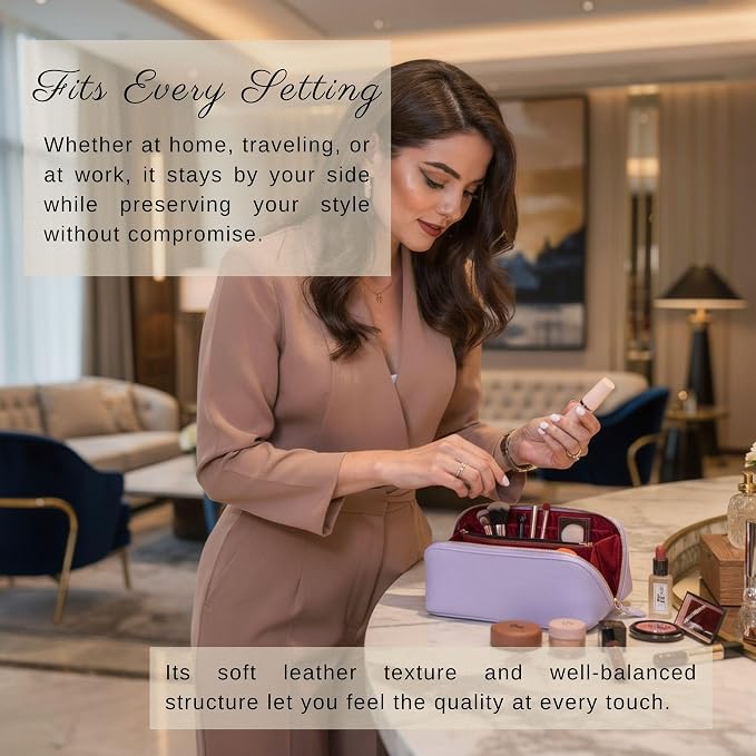 VENOULT Makeup Bag, Spacious Cosmetic Case for Women, Portable 180° Wide-Open Flat Cosmetic Bag, Travel Toiletry Organizer with Handle, Hanmdade, Full Grain Genuine Turkish Leather (Mauve) - Image 8